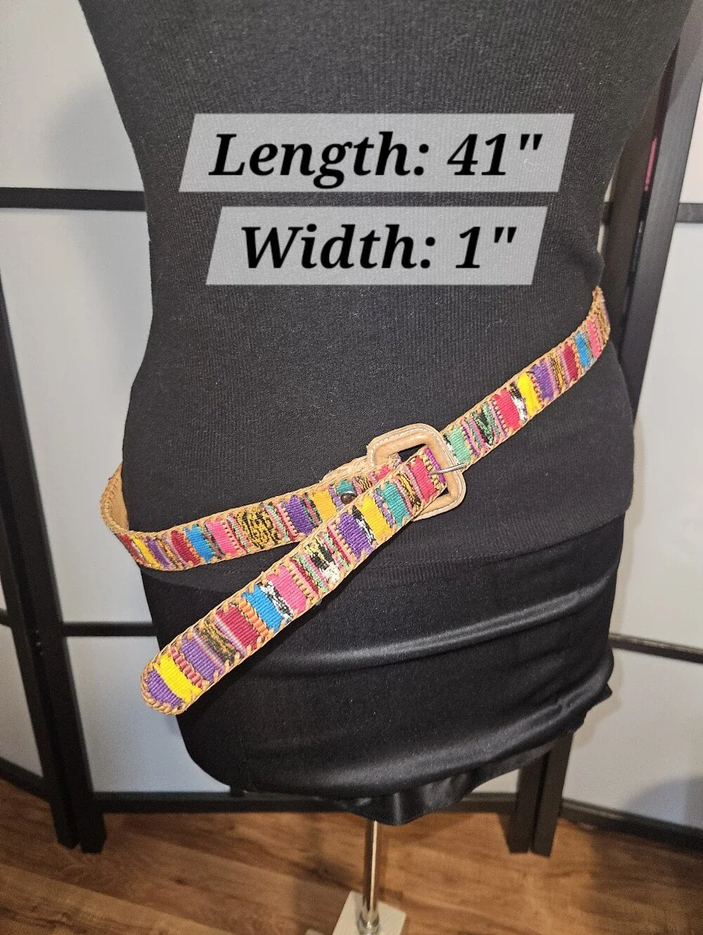 Multicolor Woven Fabric Waist Belt with Tan Buckle 41 Inches
